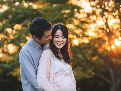 夕日が差し込む公園で寄り添い微笑む妊婦と夫が迎える新しい家族の時間