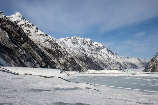 Frozen lake on winter day in Alaska