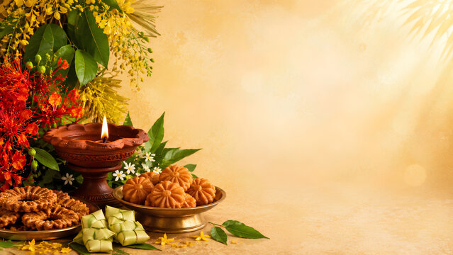 Sinhala and Tamil New Year Background with Traditional Oil Lamp, Festive Sweets and Floral Decoration
