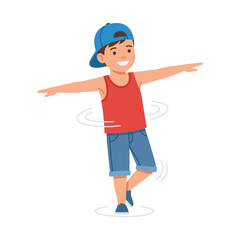 Fototapeta premium A cute cartoon illustration of a happy little boy spinning around with arms outstretched wearing a cap