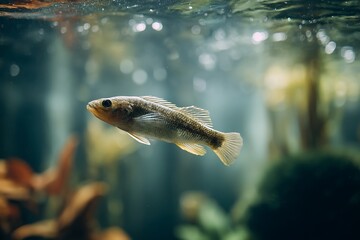 Obraz premium Underwater world: A small fish swims gracefully in a freshwater aquarium with aquatic plants and clear water.