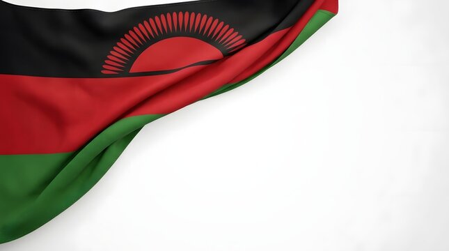 Malawi national flag waving in wind with vibrant red, black, and green stripes and rising sun emblem