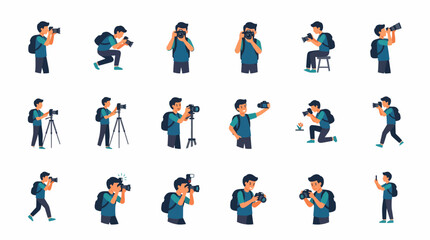 Fototapeta premium Collection of cartoon illustrations depicting a male photographer in various poses, holding a camera, using a tripod, and taking photos.