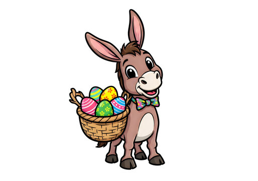 Cute cartoon donkey holding a basket of colorful easter eggs