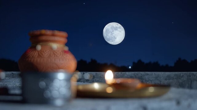 Karwa chauth traditional ritual items under the full moon at night