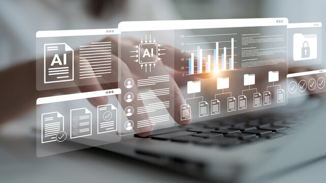 A close-up view of hands typing on a laptop, showcasing a modern AI analytics interface. The image highlights technology, data management, and security in a virtual workspace. Gantry