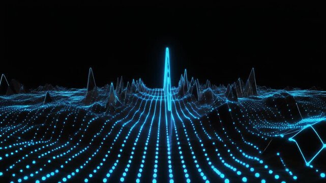 Futuristic 3D data visualization landscape with glowing blue neon dots and wireframe peaks against a dark background motion graphic.