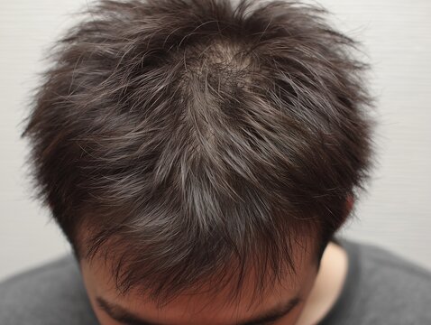 薄毛が気になり頭頂部の髪の状態を確認する男性の悩みを表したヘアケア意識のイメージ