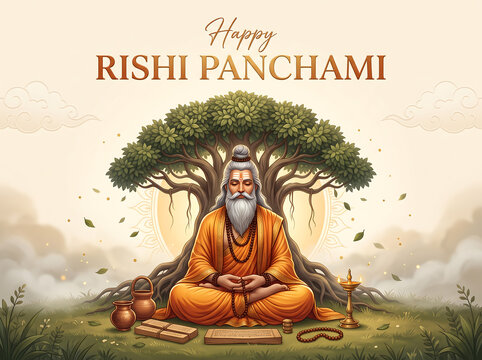 Wise sage meditating beneath ancient banyan tree celebrating traditional spiritual rishi panchami festival cultural greeting with meditating peaceful posture