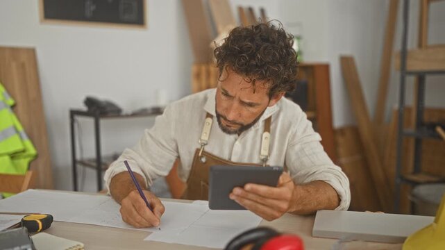 Man carpenter in leather apron writing notes with pencil while holding a tablet at a wood bench in a carpentry studio; concentration planning.