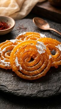 Indian jalebi dessert with silver leaf and saffron on dark stone plate with warm lighting