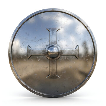 Shiny metal round shield with a cross symbol for medieval combat