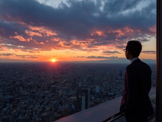 Fototapeta premium 高層ビルから夕日を見つめるスーツ姿のビジネスマンと都市風景の情景