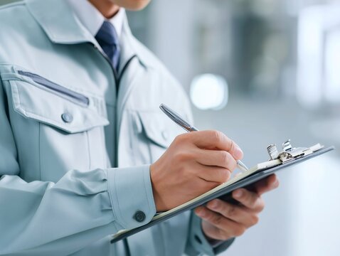 作業服を着た男性が現場でクリップボードに点検内容を丁寧に記録する仕事風景
