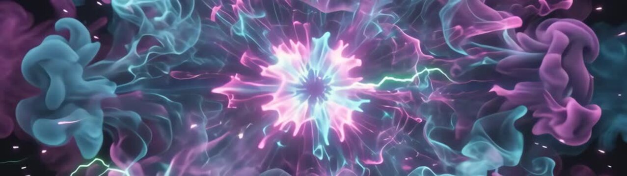 Luminous plasma generating light and electric arcs creating a mesmerizing pattern with swirling pink and cyan gas.