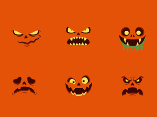 Naklejka premium Six scary and funny Halloween pumpkin face expressions arranged on an orange background, featuring spooky jack-o'-lantern eyes, mouths, and monster-style facial designs