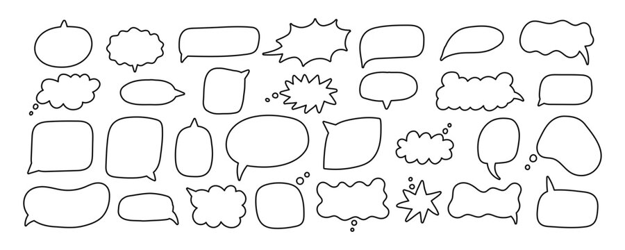 Doodle Speech Bubble Cloud Icon Set. Speech Balloon Text Element Kit. Speech Talk Chat Shape Collection. Doodle Handdrawn Vector Illustration