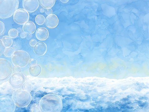 青空に透明なシャボン玉と泡が広がる清涼感あふれる幻想的なイメージ背景