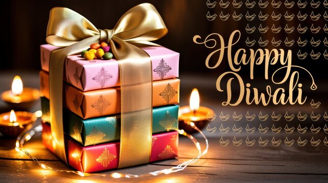 Happy Diwali Stack of colorful gift boxes with golden ribbon and bow next to glowing diya lamps on wooden table Happy Diwali text