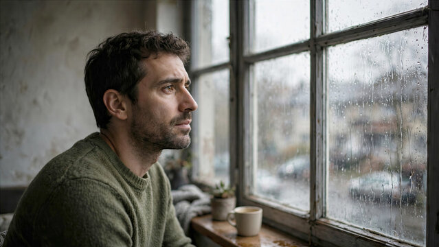 Man looking out rain covered window lost in deep reflection quiet contemplative mood indoors ambient room