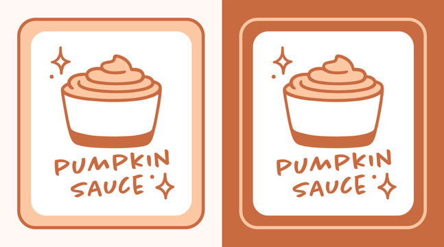 Pumpkin sauce logo flavor label sticker sign for homemade pasta cream in dipping cup bowl packaging design. Thanksgiving spice retro vintage cozy aesthetic orange and white drawing illustration print.