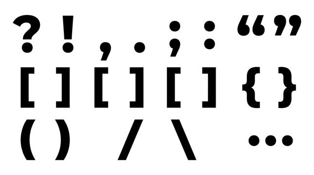 A collection of black punctuation marks and typography symbols on a white background