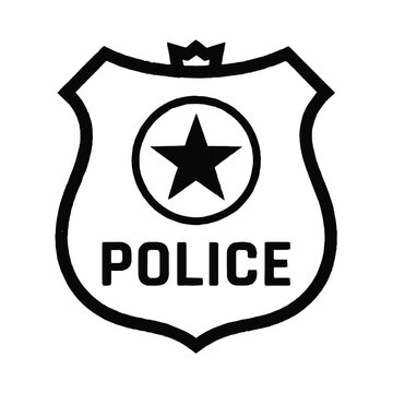 Black and white police badge icon with a star symbol and bold text isolated on white background