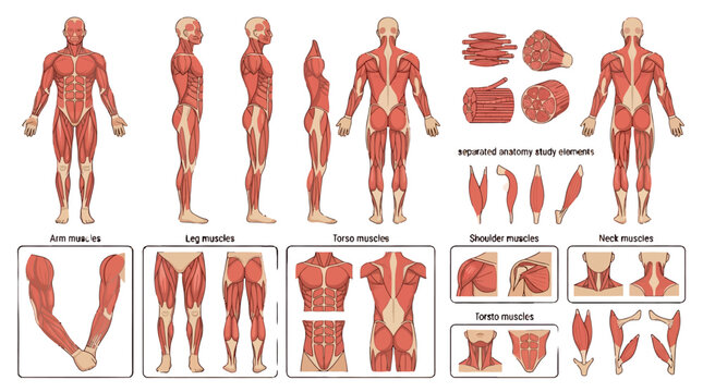 Detailed human muscular system diagram showing full body views and specific muscle groups for medical education and scientific study