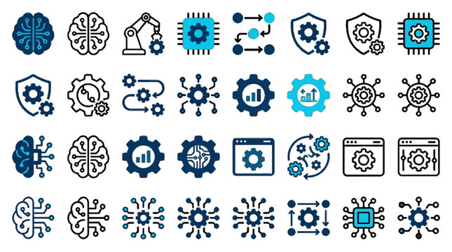 Collection of icons representing artificial intelligence, machine learning, automation, and data processing technology