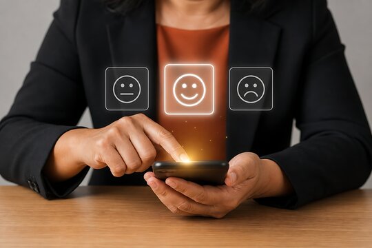 Hands holding smartphone with glowing happy and neutral emoji icons above