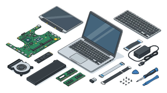 Isometric Laptop Repair and Assembly Concept with Computer Hardware Components