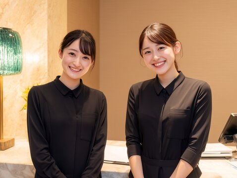 受付カウンターで笑顔の接客をする女性スタッフ二人の信頼感ある職場風景