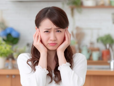 耳に手を当てて不快そうな表情を浮かべる悩みを抱えた女性の室内シーン