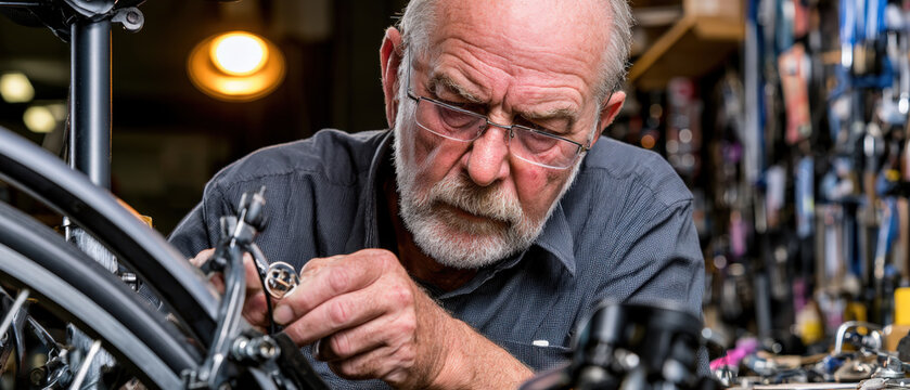 Old man with glasses focuses intently on bicycle repair
