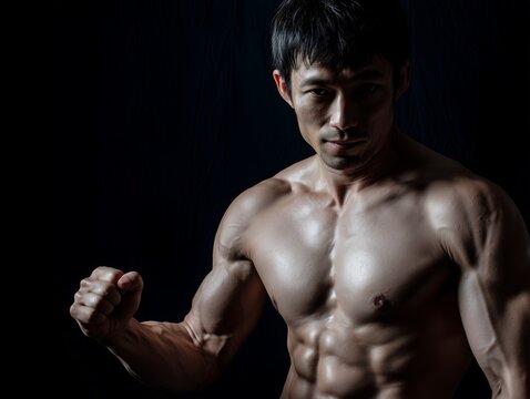 引き締まった筋肉を誇示する力強いボディビルダー男性の迫力あるポートレート