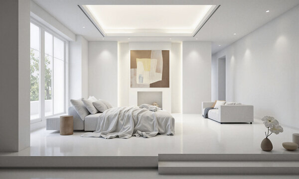 Minimalist bedroom interior featuring white furniture and a spacious design for a modern home or luxury hotel concept