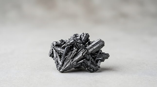 Close-up of a metallic mineral cluster on a light background.