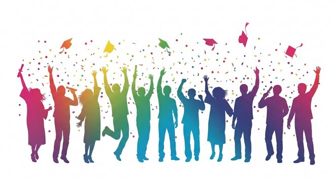 Vibrant Celebration of People Dancing and Having Fun with Colorful Confetti and Party Hats in a Festive Atmosphere for Events and Parties