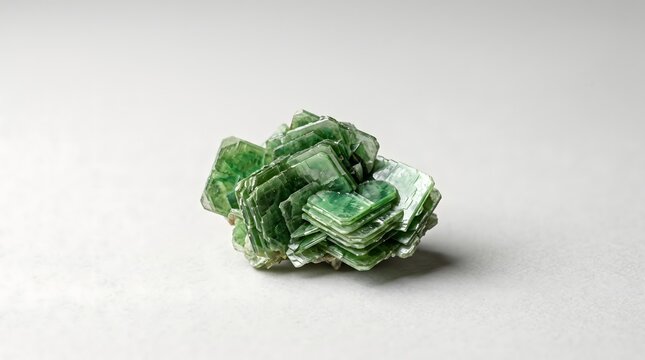 Green Fluorite Crystal Cluster on White Background.
