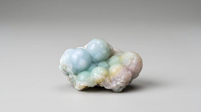 Macro shot of a colorful Aragonite mineral cluster on a plain background.