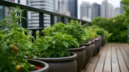 Fototapeta premium Rows of potted green plants line a wooden rooftop deck with blurred city buildings in the background