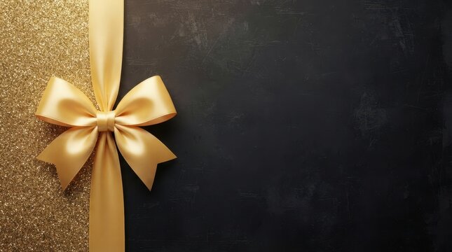 Black Friday Luxurious golden gift ribbon and bow on black textured background for premium holiday shopping sale advertisement