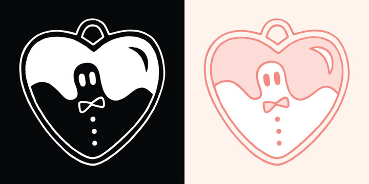 Ghost inside heart shape necklace pendant pink halloween gothic romance girly coquette pastel aesthetic doodle. Spooky cute soft goth jewelry charm black and white drawing isolated sticker clip art.