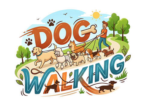 Person walking multiple dogs of different breeds on a path outdoors vintage badge with dog walking dog walker leash walking pet care dog park vintage style