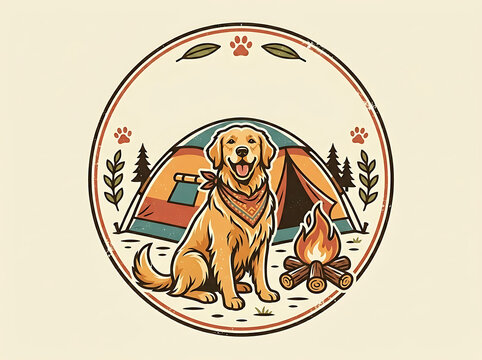 Golden retriever dog sitting by a campfire and tent while camping in the wilderness with outdoor camping dog badge vintage camping graphic campfire companion