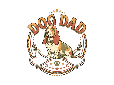 Dog dad vintage badge featuring basset hound dog illustration and paw print pet owner round emblem animal graphic canine portrait tshirt design vector art sad eyes