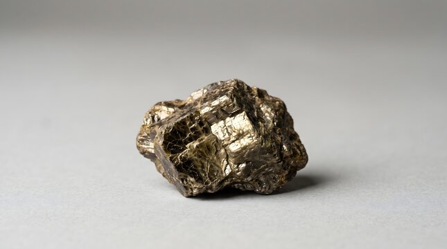 A single piece of pyrite mineral on a plain background.