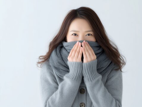 マフラーに顔をうずめて寒さをしのぐ女性が冬の防寒と体調管理を意識するナチュラルな日常シーン
