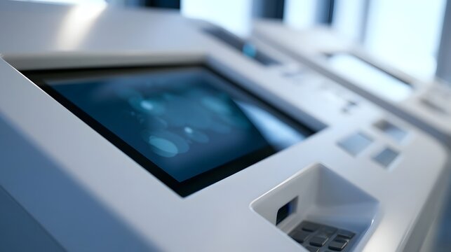 Modern self service kiosk with touch screen and card reader in a bright  minimalist indoor setting