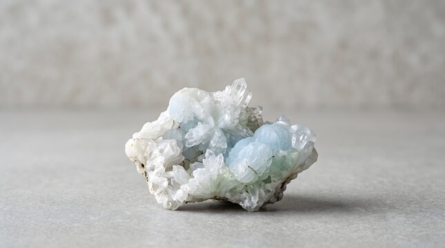 Close up of a beautiful blue and white mineral cluster on a textured surface.